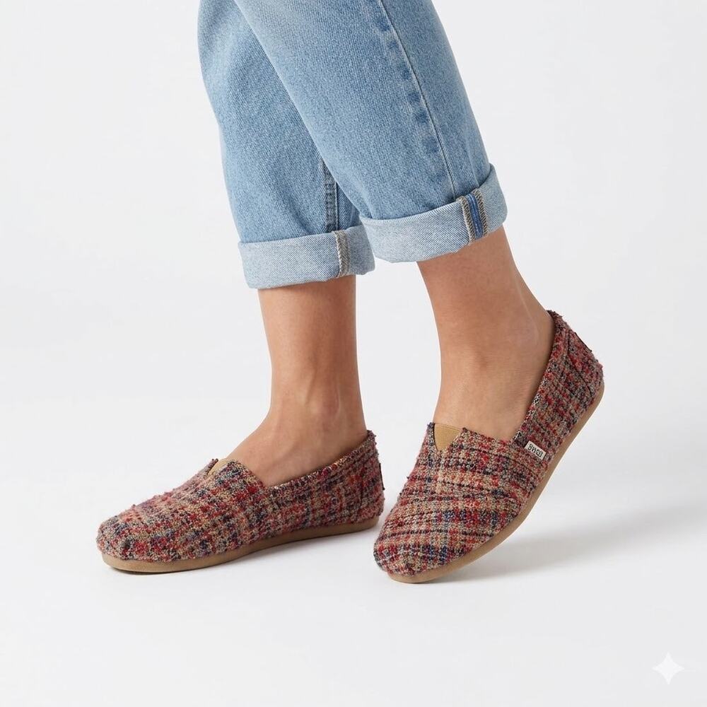 TOMS Womens Alpargata Boucle Shoes 7 Red Multicolor Plaid Tweed Slip On Flats